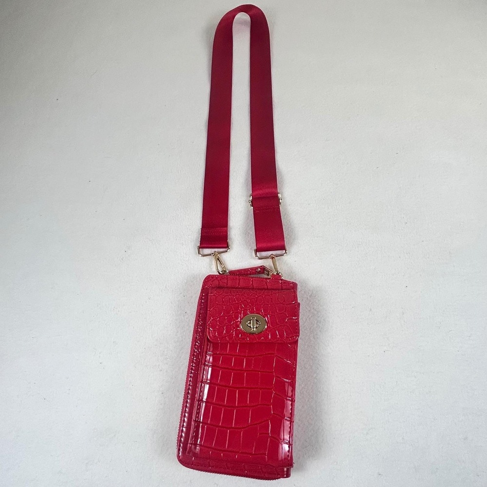 Joy Susan Red Crocodile Embossed‎ Crossbody Wallet Phone Bag Gold Hardware